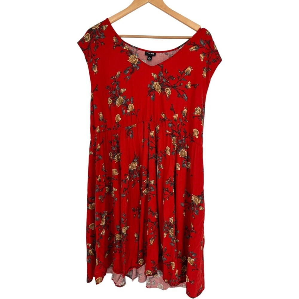 Torrid Skater Dress Women's Size 2X Red Floral V-Neck Short Sleeve Cottagecore